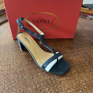 Vaneli Blue T-Strap WIDE Block Heel Sandals